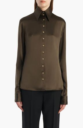 Khaite Ivy Silk Button-Up Shirt in Dark Olive at Nordstrom, Size 4