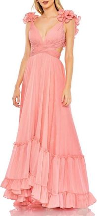 Mac Duggal Ruffle Sleeve V Neck A Line Gown in Coral at Nordstrom, Size 12