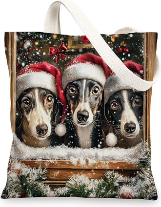 Generic Christmas Saluki Dog Canvas Tote Bag for Shopping 13x15, Winter Farmhouse Xmas Puppy Reusable Grocery Print Pattern Bag for Women Men, Happy New Year 