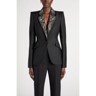 Alexander McQueen Embroidered Lapel Single-Breasted Wool Jacket in Black at Nordstrom, Size 46
