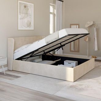 IDMarket Cama De Matrimonio Orea Con Cabecero Envolvente Y Somier De Terciopelo Beige De 140 X 190 Cm