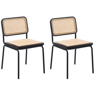 Beliani Conjunto De 2 Sillas Patas De Hierro Respaldo Asiento De Rat&aacute;n Sint&eacute;tico Sin Reposabrazos Tapones Para Las Patas Dise&ntilde;o Boho Vintage Negro Corvallis