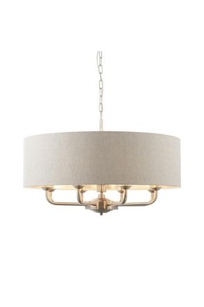Netlighting Highclere Single Shade Pendant Ceiling Lamp Brushed Chrome Plate Natural Linen in Grey