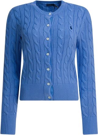 Polo Ralph Lauren Braided Crewneck Cardigan With Logo Knitwear Light Blue-Donna