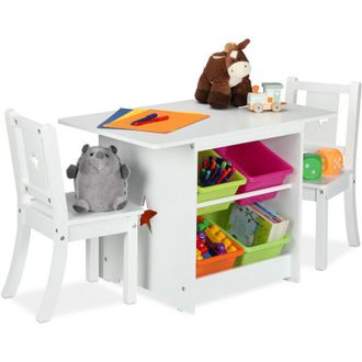 Relaxdays Relaxdays - Mesa Y 2 Sillas Infantiles Con Cajas De Almacenamiento, Unisex, Mobiliario De Ni&ntilde;os Para Dormitorio, Blanco
