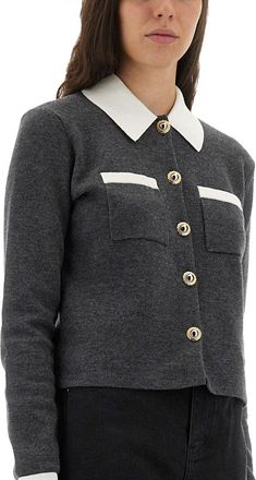 Self Portrait Wool Blend with Contrasting Collar Cardigan - Grey