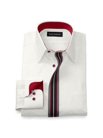 Paul Fredrick Tailored Fit Non Iron Point Collar Dress Shirt with Striped Trim in White/red at Nordstrom, Size 15.5 - 32