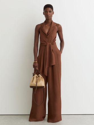 Reiss Rust Orange Tie-front Wide-leg Jumpsuit With Linen, 16