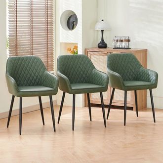 Ainpecca Dining Chairs 3pcs PU Leather Kitchen Chairs Upholstered Seat with Backrest and Armrest Office chair, Green