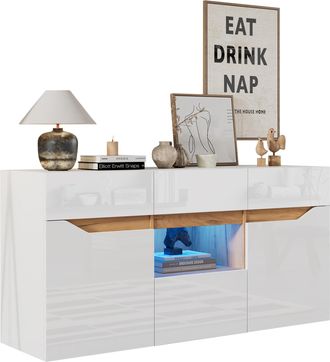 STILVORA Aparador Con 4 Cajones, 2 Armarios Y Led, Frente De Alto Brillo, En Tablero De Part&iacute;culas, Blanco, 140&times;40&times;70 Cm