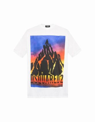 Dsquared2 Mens Printed Logo Oversized White T-Shirt - Green - Size: 42