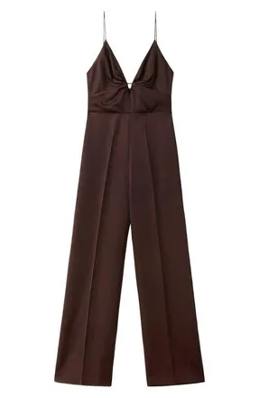 Mango Mono Deep V-Neck Sleeveless Jumpsuit in Chocolate at Nordstrom, Size X-Small