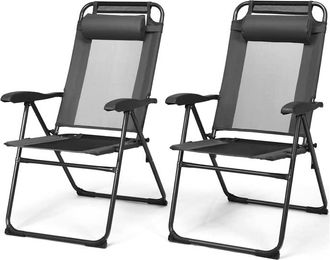 Costway Sillas Reclinables Plegables De Patio De 2 Piezas, Sillas Plegables Ajustables Con Reposacabezas, Conjuntos De Bistr&oacute; De Malla Ventilada Para Jard&iacute;n, 