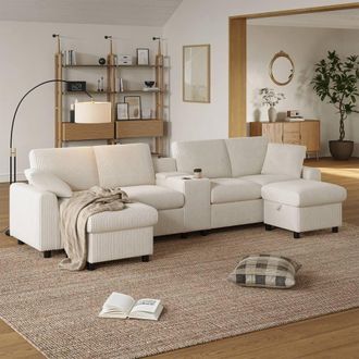 Matteo Luxury Corduroy U-Shaped Sectional Sofa with USB & Storage - Beige