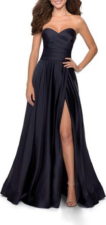 La Femme Strapless Satin Gown with Pleated Bodice and Slit in Navy at Nordstrom, Size 16