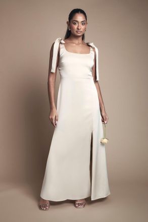 Oasis Womens Champagne Satin Tie Shoulder Midi Bridesmaid Dress - Size 12 UK