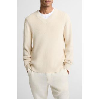 Vince Rib V-Neck Cotton Blend Sweater in Classic Creamdnu at Nordstrom, Size Large