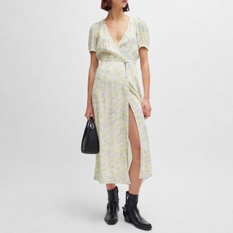 HUGO BOSS Womens Kikoni-1 Wrap-Front Dress in White yellow - Size 10 UK