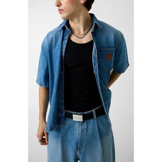 Guess Oversize Crop Stretch Cotton Denim Shirt in Gclm-Open at Nordstrom, Size X-Large