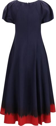 Tory Burch Womens Midi Dress With Balloon Sleeves Medium Navy - Red Viscose; Linen