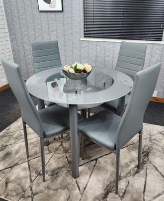 Kosy Koala Round Glass Grey Kitchen Dining Table With Storage Shelf & 4 Grey Metal Chairs Set