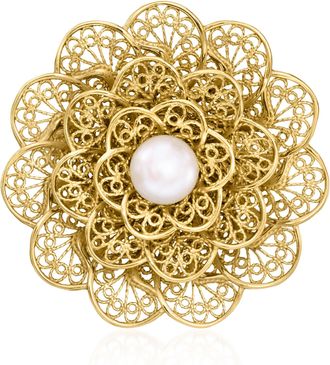 Ross-Simons 8-8.5mm Cultured Pearl Filigree Flower Pin in 18kt Gold Over Sterling
