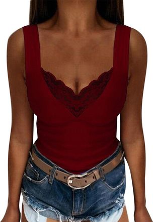 Generic Summer Tank Tops for Women Plus Size UK 8-22 Sexy V Neck Lace Camisole Vest Blouse Summer Clothes Casual Crop Tank Top Sexy Bra Vest Beach Hawaii Crop