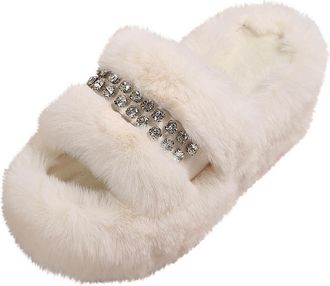 Generic Womens Open Toe Slippers Warm Casual House Shoes Stylish Solid Color Rhinestone Thick Sole Comfortable Furry Winter Slippers Indoor Outdoor