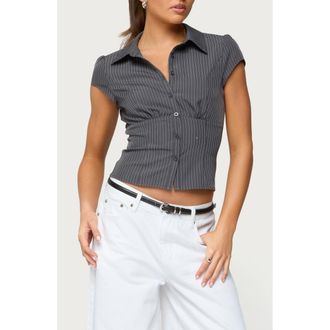 Edikted Juney Pinstripe Crop Cotton Blend Button-Up Shirt in Gray at Nordstrom, Size X-Small