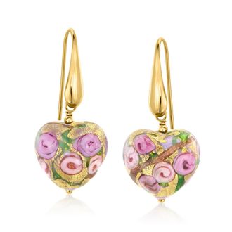 Ross-Simons Golden and Rose Murano Glass Heart Drop Earrings in 18kt Gold Over Sterling