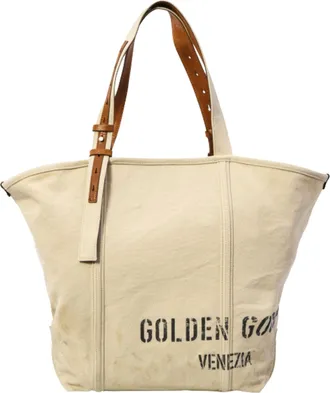 Golden Goose Ecru Leather Inserts Cotton Tote Bag