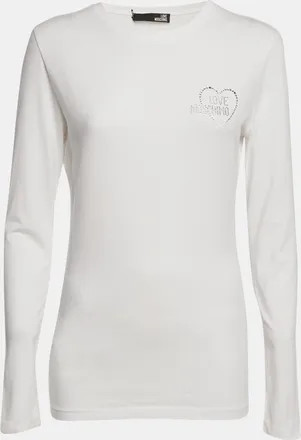 Love Moschino White Logo Rhinestone Jersey Long Sleeve T-Shirt