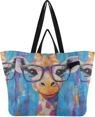 Generic Colorful Giraffe print Reusable Canvas Tote Bag, Heavy Duty Grocery Shopping Bag with Large Capacity Hard Bottom Double Handles Work Groceries Travel