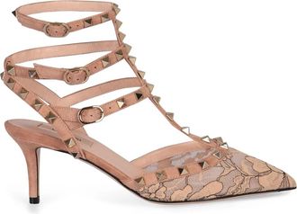 Valentino Garavani Rockstud Suede and Lace D&eacute;collet&eacute; - Dames - Pumps - Roze - 38 EU - Leer - Schoenen