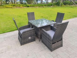 Fimous Outdoor PE Wicker Rattan Garden Furniture Reclining Chair & Table Dining Sets 4 Seater Square Table in Dark Grey