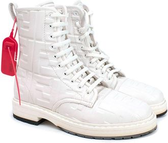 Fendi White Nappa FF Embossed Biker Boots Size 35