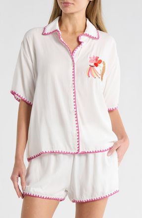 Betsey Johnson Blanket Stitch Embroidered Cabana Button-Up Shirt & Shorts Cover-Up Set in Sand at Nordstrom Rack, Size X-Large