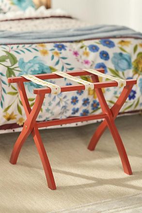 Anthropologie Embroidered Painted Wood Strap Luggage Rack