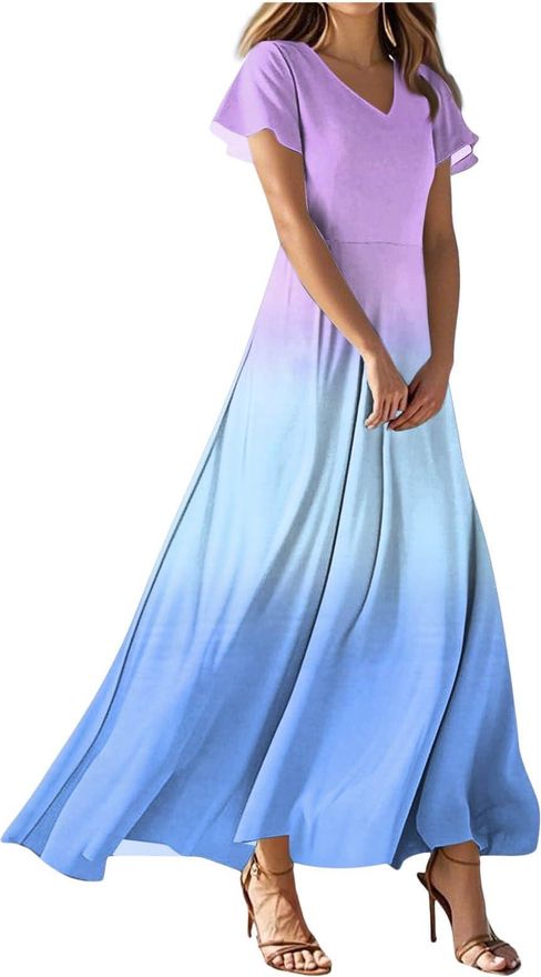 Summer Dresses for Women UK Empire Waist Comfy Boho Floral Print V Neck Ladies Maxi Dress Beach Swing Long Dresses Slim Fit A Line Wrap Flowy Dress wi
