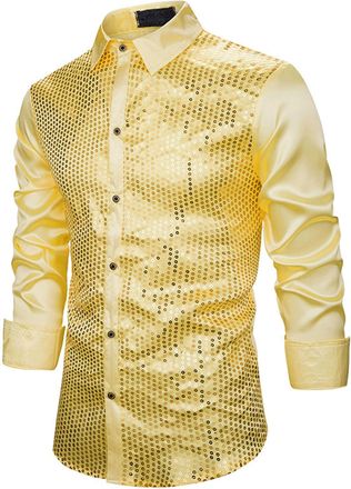 Generic Mens Shiny Satin Sequins Button Up Dress Shirts Long Sleeve Slim Fit Disco Party Prom Wedding Shirt Costume Gold