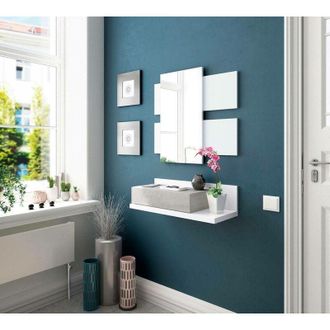 Dmora Armario de entrada Erie, Hall de entrada suspendido con espejo, Mueble con cajón para entrada, cm 75x29h90, Blanco y Cemento, con embalaje reforzado