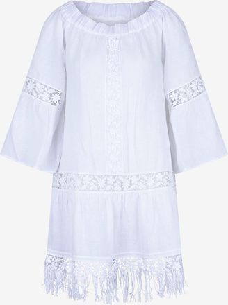 120% Lino Kurzes Kleid aus Leinen und Spitze mit Fransen