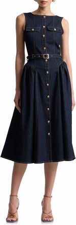 Avec Les Filles Belted Sleeveless Denim Dress in Dark Rinse at Nordstrom, Size 12