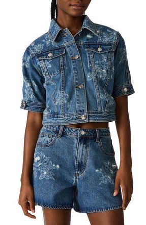 Steve Madden Distressed Short Sleeve Denim Jacket in Mixed Indigo at Nordstrom, Size X-Small