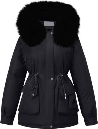 Generic Womens Winter Jacket Short Warm Fleece Lined Parka Winter Parka with Faux Fur Hood (Black, XXXL)