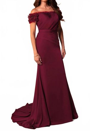 Rachel Allan Pleated Floral Sleeve Gown In Burgundy