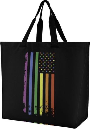 Generic Rainbow U.S. Flag Reusable Shopping Bags One Shoulder Grocery Tote Bag Waterproof Big Purse for Work Travel
