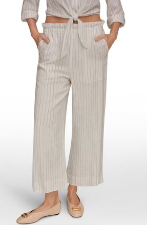 DKNY Stripe Paperbag Waist Linen Blend Pants in Cream/black at Nordstrom, Size X-Small