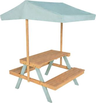 Sweeek Childrens picnic table, garden set in acacia wood 2-seater with parasol sage green - Jade