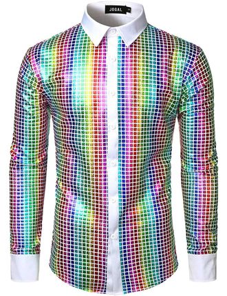 JOGAL Mens Dress Shirt Sequins Button Down Long Sleeve Shirts 70s Disco Party Costume XX-Large WhiteMulticolour